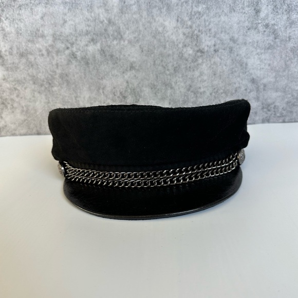 COPY - Black Baker Boy Cap with Chain Detail - Genuine Leather Brim main image 6